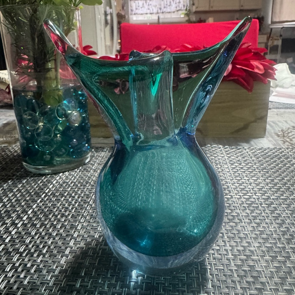 Elegant Teal Glass Vase Art Glass Vase Light Blue Green Murano Style.